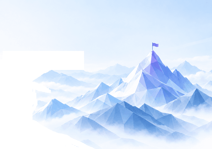 Blue mountain with a summit flag and a four-stage path to the top.